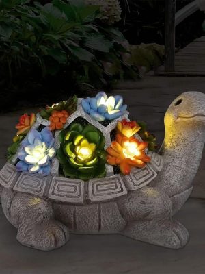 Solar Garden Outdoor Statues Turtle with Succulent and 7  Lights - Lawn Decor Tortoise Statue for Patio, Balcony, Yard Ornament - Unique Housewarming Gifts