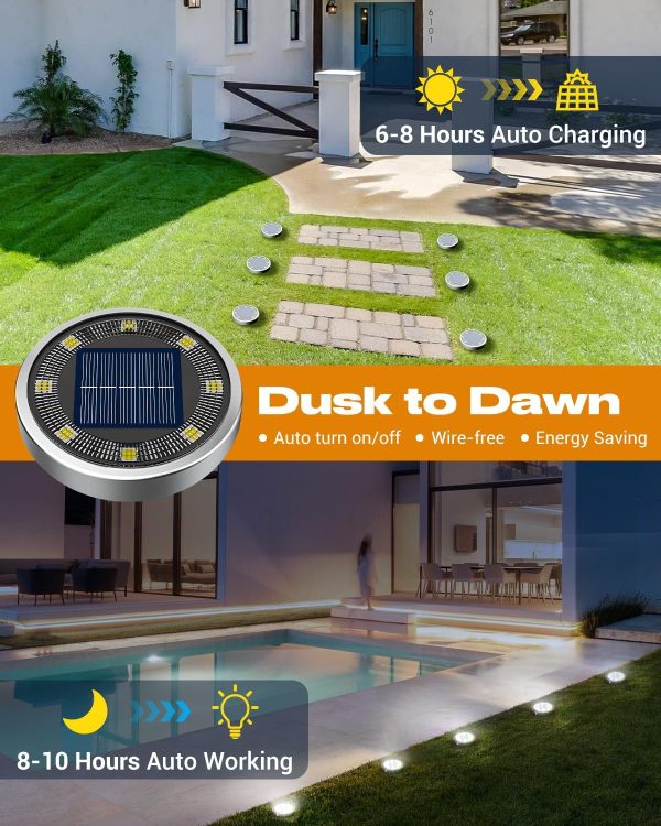 16 Pack Solar Ground Lights Outdoor, 8  Solar Disc Lights  Waterproof Flat Solar Light, Pathway Lights Solar Powered for Garden Lawn Patio Yard Path Landscape, Cool White