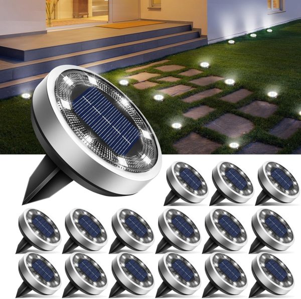 16 Pack Solar Ground Lights Outdoor, 8  Solar Disc Lights  Waterproof Flat Solar Light, Pathway Lights Solar Powered for Garden Lawn Patio Yard Path Landscape, Cool White
