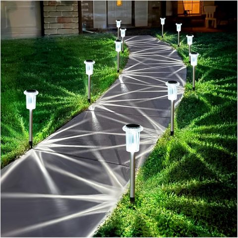 Solar Pathway Lights 10 Pack Solar Outdoor Lights,  Waterproof Yard Walkway Lighting Stainless Steel Garden Stake for Outside, Path, Landscape, Lawn, Driveway, Backyard(Cold White)